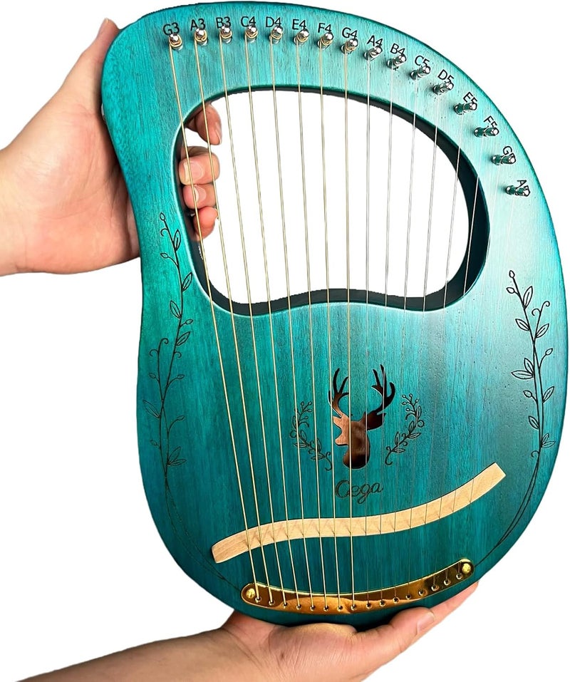 BORIYAM Lyre Harp, 16 Metal Strings,Whole Mahogany Body Made Without Splices, Easy to Carry Instrument, With Spare Strings, Bag，Picks, Tuning Lever, Music Manual(Blue) - Image 1